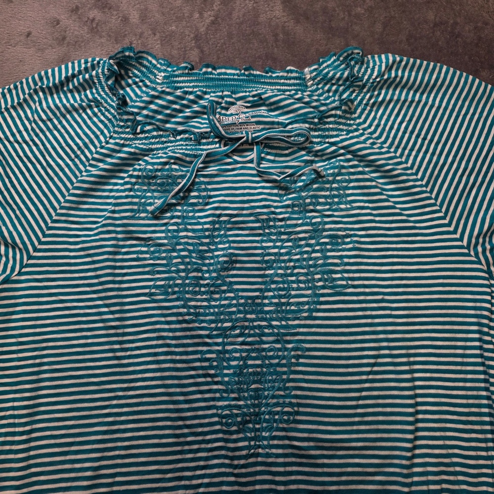 Faded Glory Shirt Womens Medium Blue Stripe Embroidered Tunic Scoop Neck Top